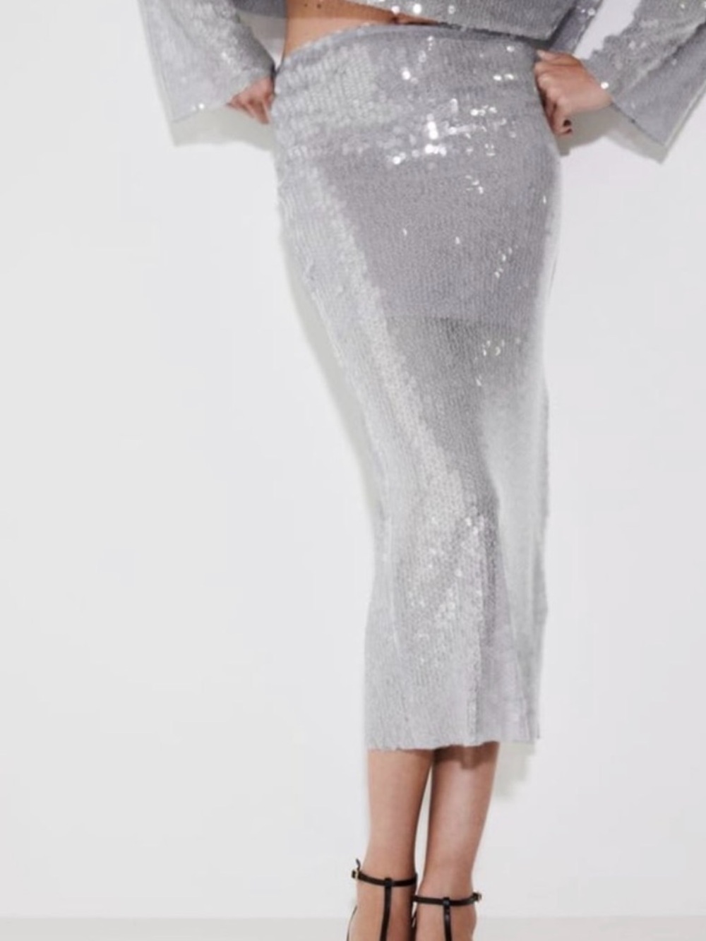 Zara Silver Sequin Midi Skirt